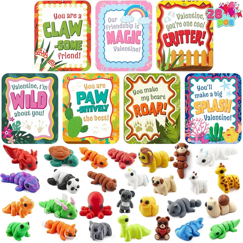 JOYIN 28 Pcs 3D Printed Mini Animals with Valentine Greeting Cards, Animals Articulated Flexible Stress Toy for Kids, Classroom Gift Exchange Prizes, Cute Desk Pets Decor, Party Favors