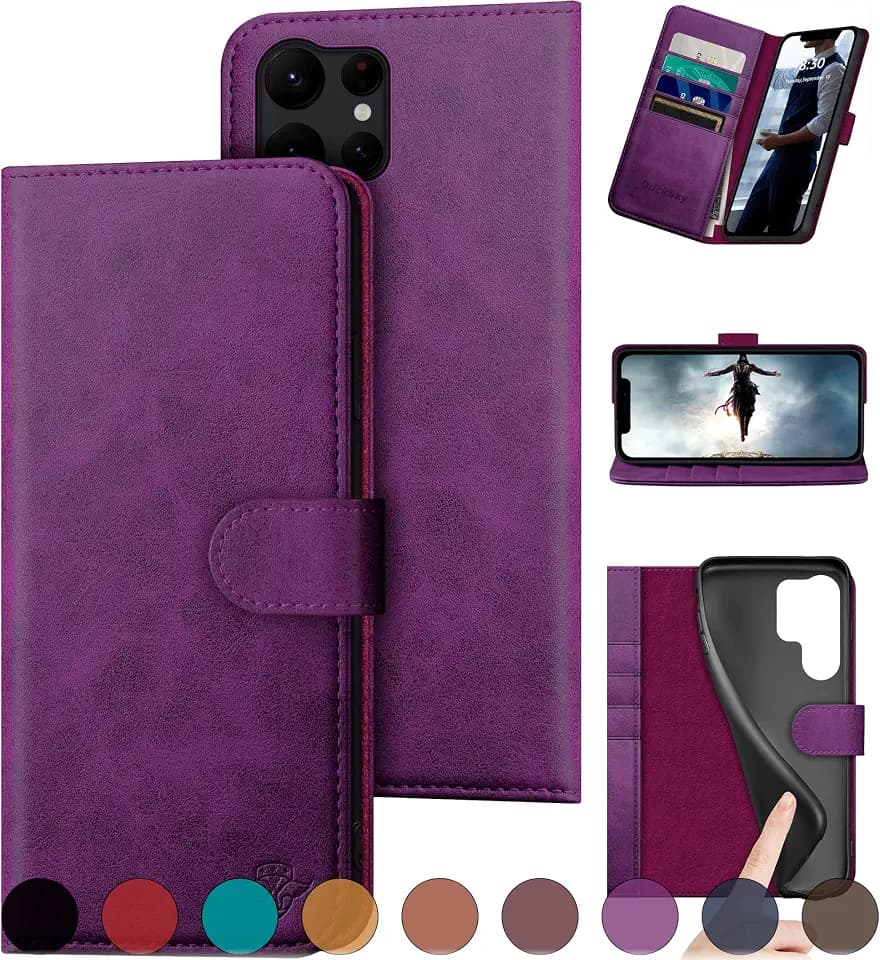 DuckSky for Samsung Galaxy S23 Ultra Genuine Leather Wallet case 【RFID Blocking】【4 Credit Card Holder】【Real Leather】 Flip Folio Book Phone case Protective Cover Women Men for S23Ultra case Purple