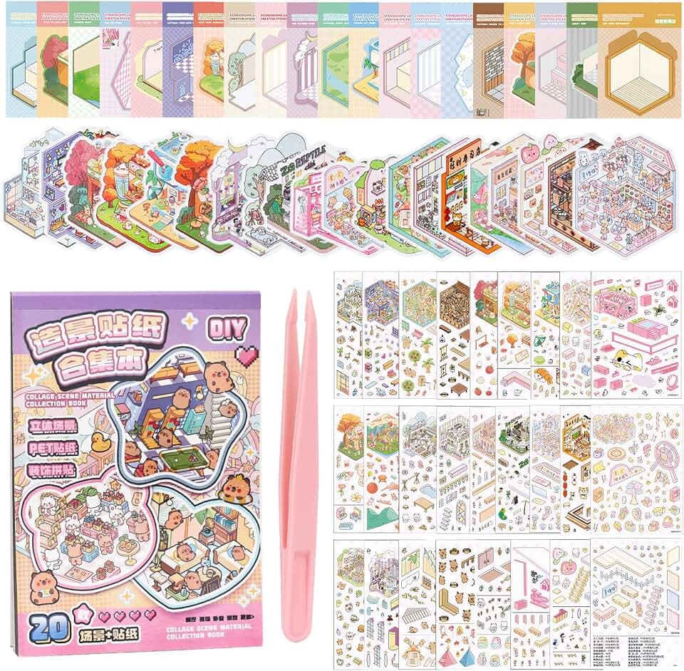 20-teiligen 3D Sticker Scene Book, 3D Hausaufkleber Szenenset Verschiedene Szenarien wie Cafés, Partysäle, Spielhallen, Tierhandlungen, Mit Pinzetten Ideal für kreative Dekoration und Kinderzimmergest