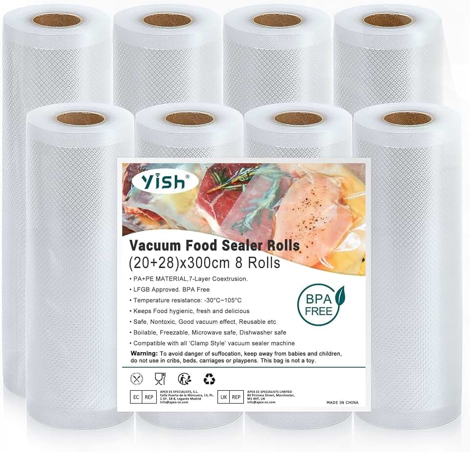 YISH Vakuumierbeutel Vakuumierfolie Vakuumbeutel Lebensmittel Vakumierfolienrollen：Vakuumbeutel für Sous Vide Folienrollen für Vakuumierer 8 Rollen 20/28x300cm Folien,BPA-Frei