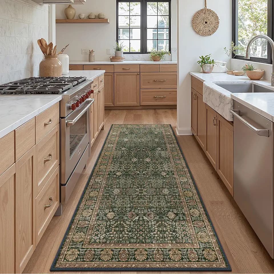 Bavni 2'6" x 6' Kitchen Runner Rug, Washable Non Slip, Dark Green Brown