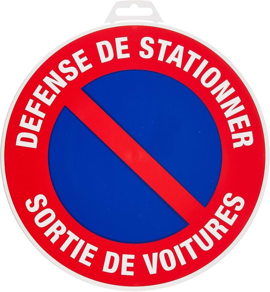 Novap - Hinweisschild - Parkverbot, Auto-Ausfahrt - Durchmesser 180 mm, starr, französische Aufschrift „Defense de stationner - Sortie de voitures“