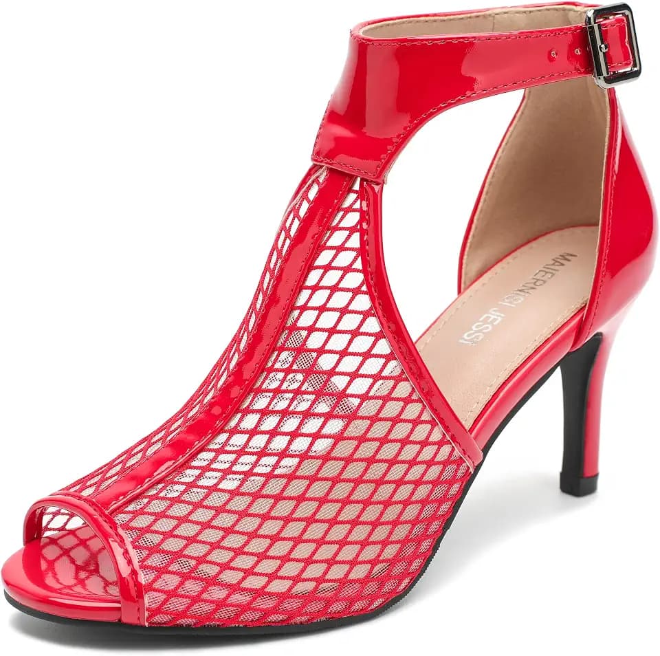 MAIERNISI JESSI Womens Mesh Kitten Heel T-Strap Sandals Round Peep Toe Buckle Ankle Strap Dressy Summer Shoes