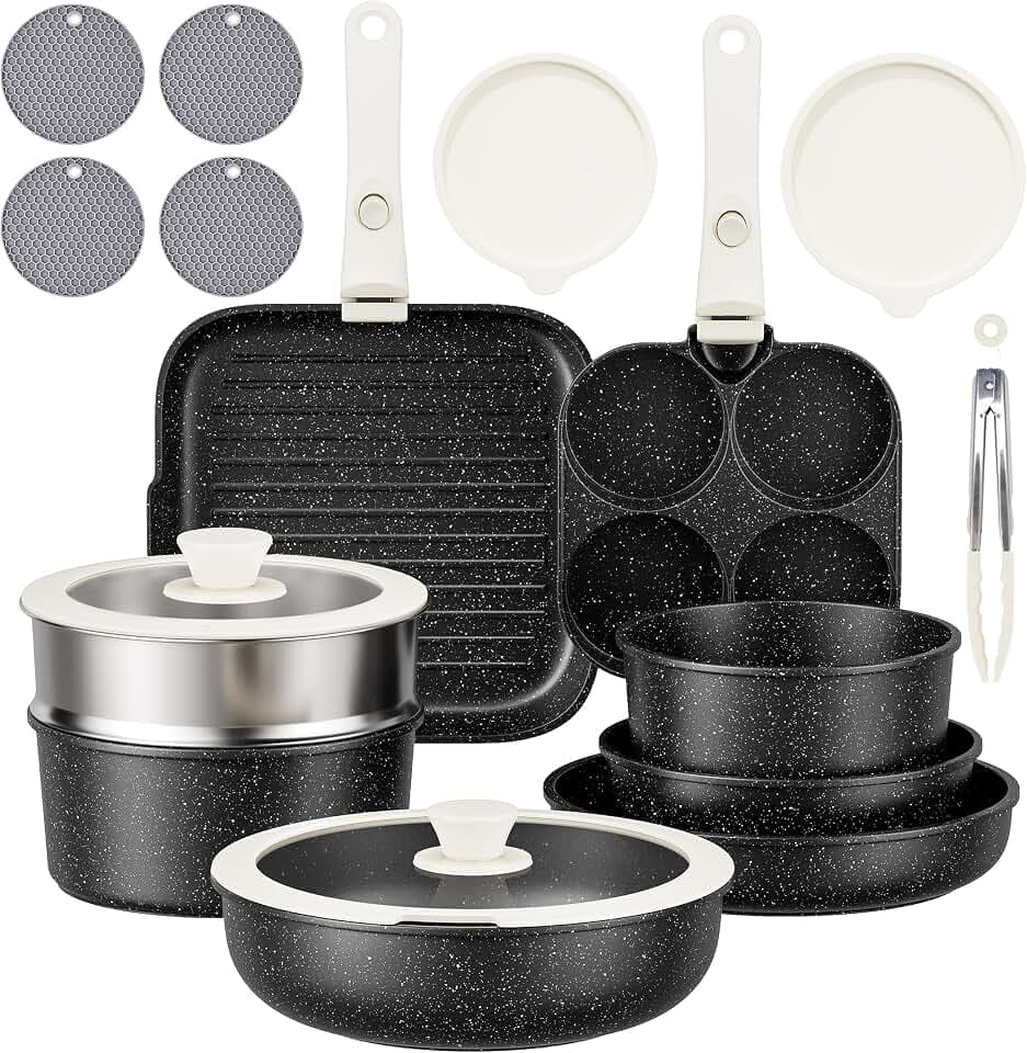 RIOVARM Induktion Töpfe und Pfannen Set mit abnehmbaren Griffen, Antihaft Bratpfanne mit Deckeln, Omelette Pfanne ohne PFOA, Grillpfanne für alle Herdarten, Stapelbar Casseroles, Camping Pfanne