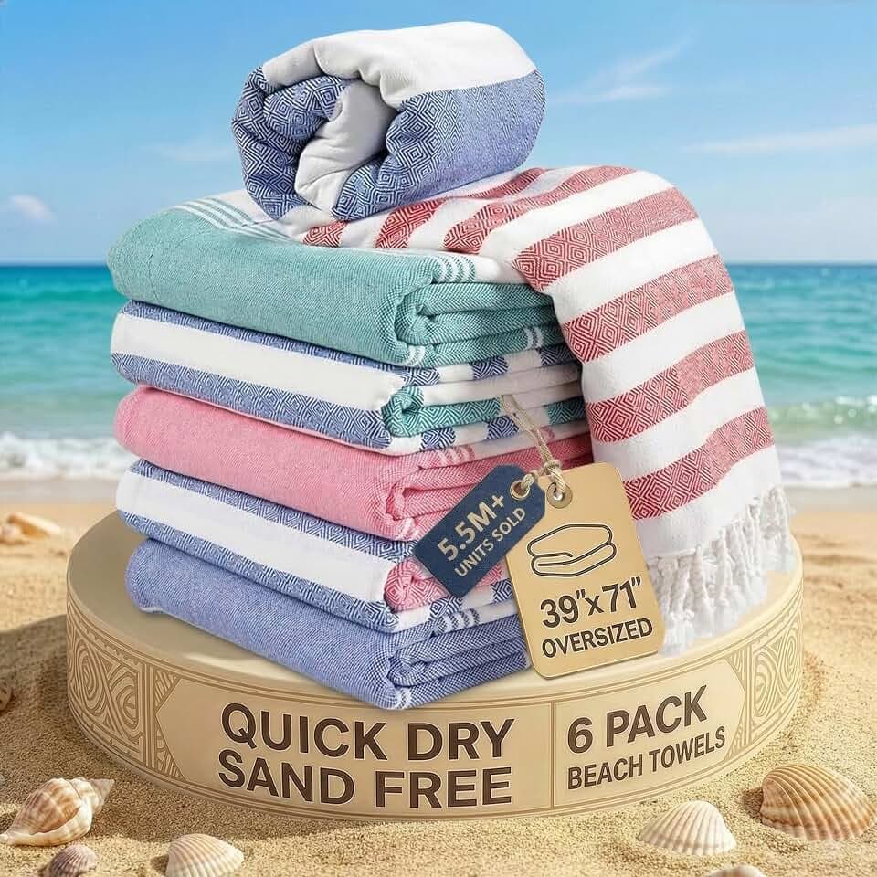 LANE LINEN Beach Towels 6 Pack, Super Absorbent, Durable - Coastal Harmony