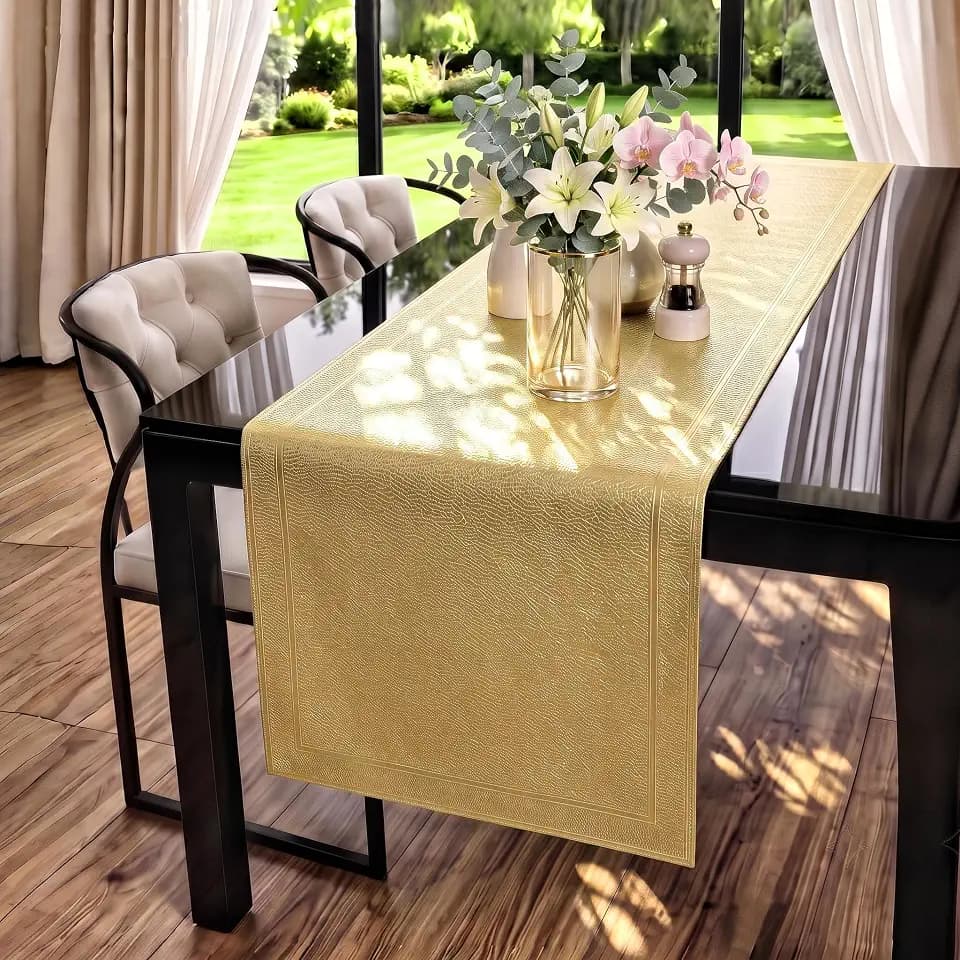 FAVE Gold Vinyl Table Runner 72 Inch, Washable Long Table Runner for Dining