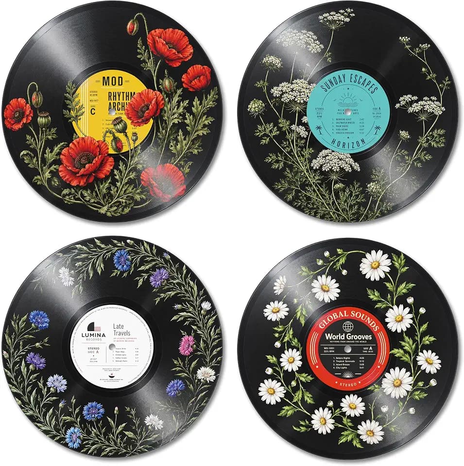 ORPPKIVE Vintage Floral Vinyl Records Wall Decor Set of 4, Cottagecore Wall Art Hippie Decor 12 Inch (004)