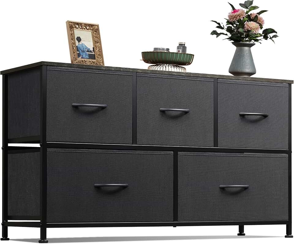 WLIVE Wide Dresser for Bedroom, 5 Drawer Chest of Drawers, Charcoal Black
