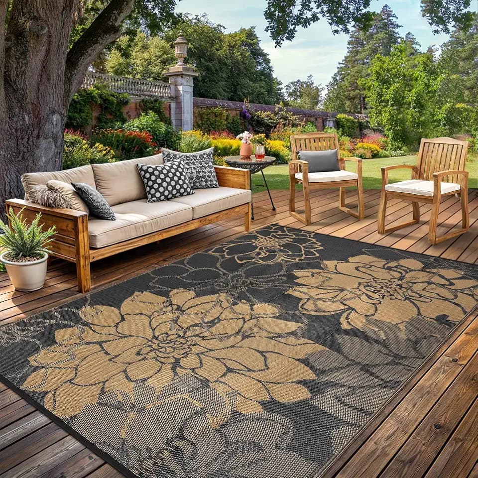 Outdoor Rug 9x12 Reversible Modern Floral Patio Rug Waterproof & Washable Outside Carpet, UV Weather Resistant RV Camping Mat, Durable Plastic Outdoor Carpet for Garden Yard, Brown