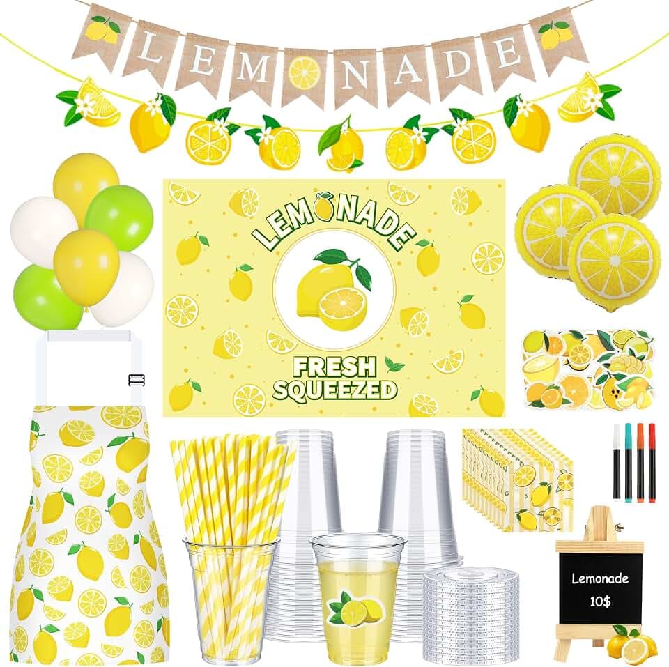 TREWAVE 233 Pcs Lemonade Stand Supplies Kit-50 Lemonade Cups with Lids and Straws, Tablecloth, Kids Lemon Apron, Lemonade Banner, Chalkboard and Balloons for Summer Lemon Party Stand Decorations