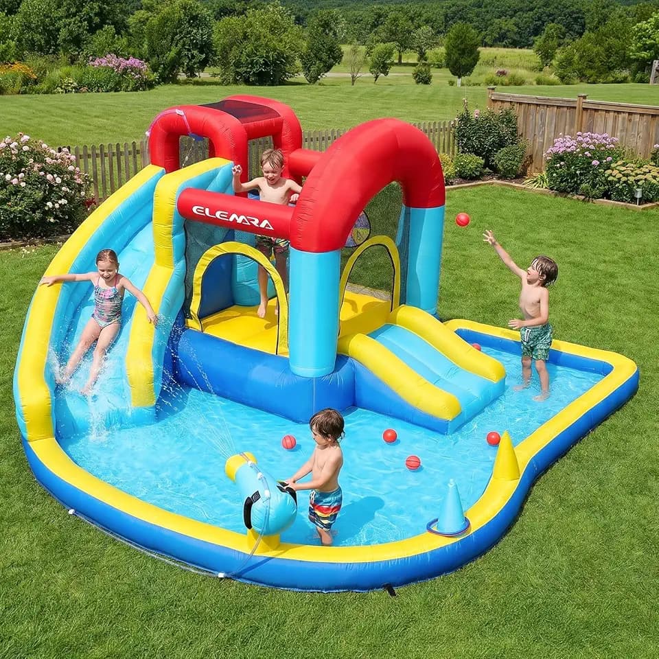 ELEMARA Inflatable Water Slide, 9 in 1 Kids Bounce House with 2 Slides, Pool&Trampoline, Fun Dart Game&Ring-toss Game, Climbing Walls, Bounce House with Blower for Outdoor Indoor, 108.3*106.3*56.3in