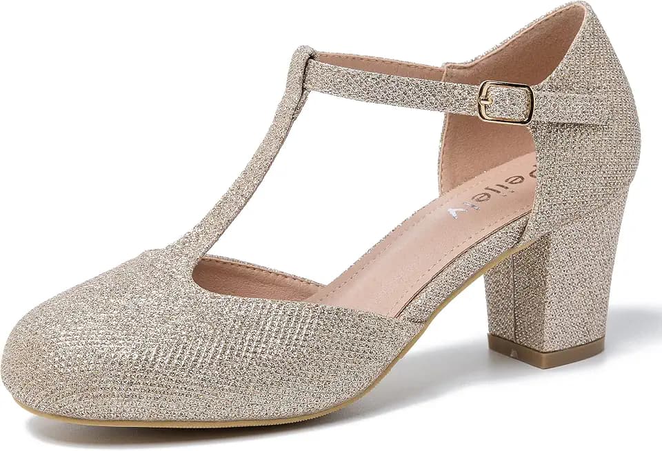 Women's T-Strap Mary Jane Pumps, Block Heel, Closed Toe, Dress Shoes with Buckle