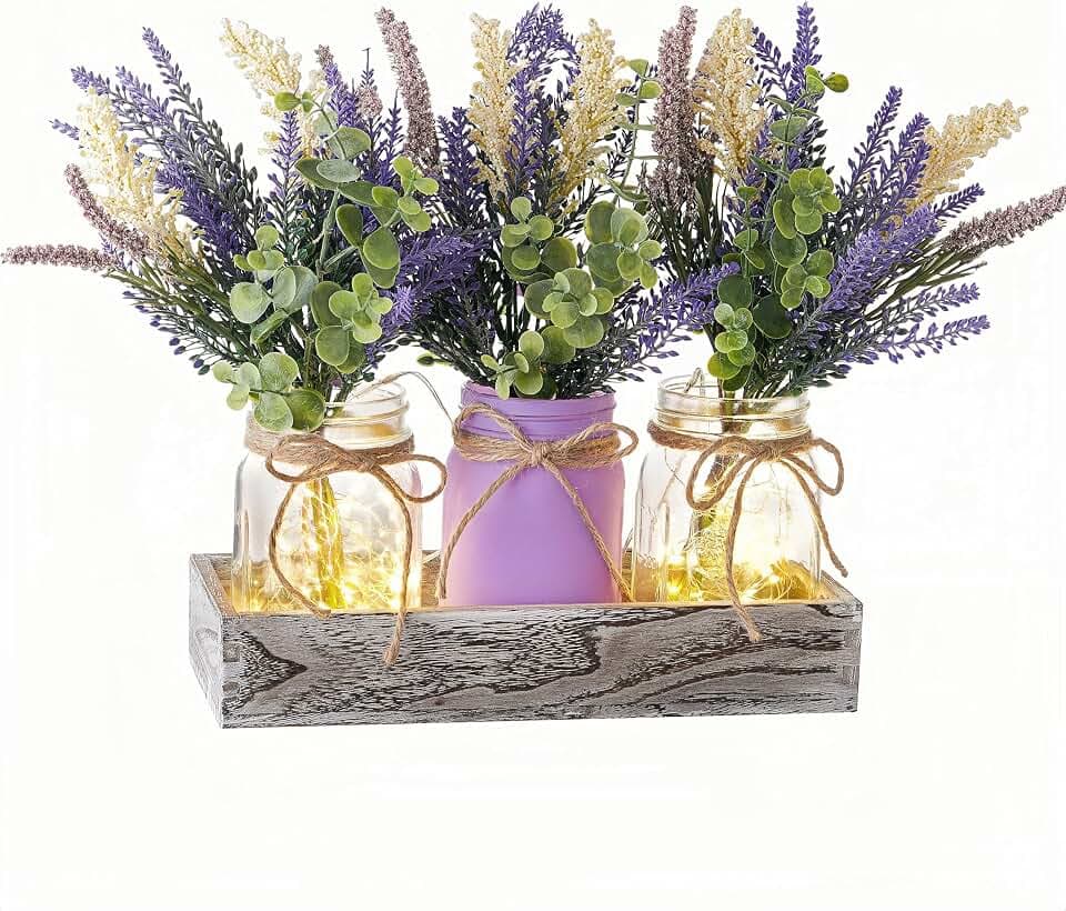 Mason Jar Lights Centerpiece Table Decor with Lavender Flowers in Wood Tray
