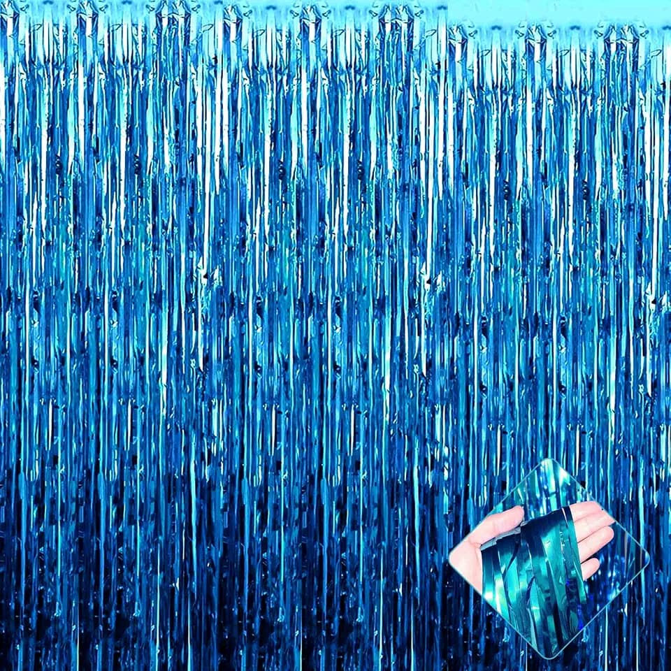 4 Pack 3.3Ft x 6.6Ft Lake Blue Foil Fringe Curtain Backdrop, Metallic Tinsel Foil Fringe Streamers Curtains Background for Photo Booth, Birthday, Wedding, Halloween, Christmas Party Decoration