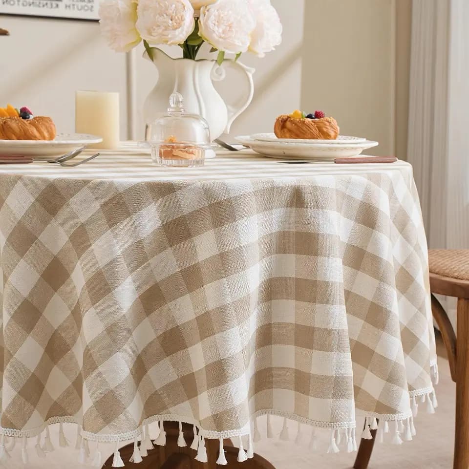 JIALE Gingham Round Tablecloth 60" Cotton Linen Fabric Table Cloth with Tassel Washable Wrinkle Free Buffalo Plaid Table Cover for Birthday Party Picnic Outdoor Kitchen Dining, Beige