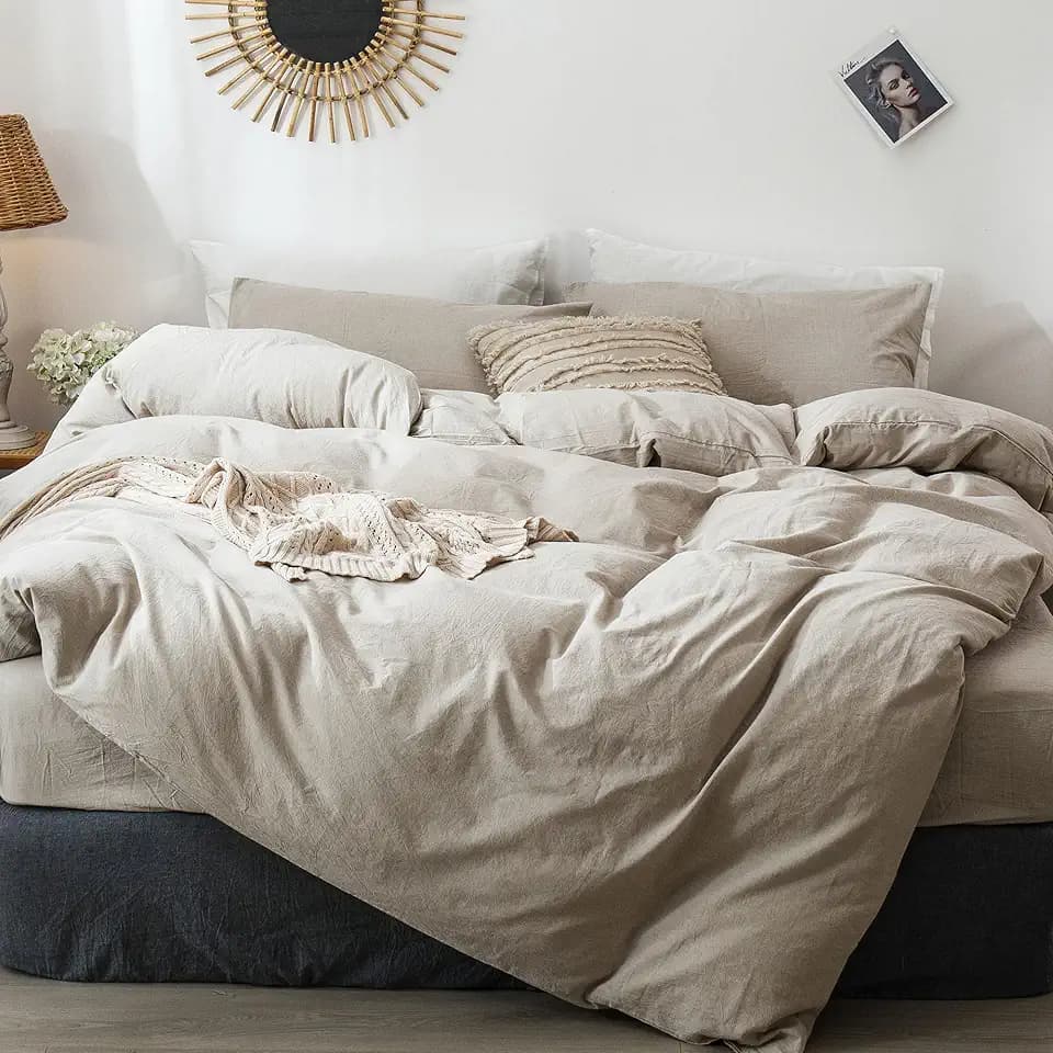 MooMee Duvet Cover Set 100% Washed Cotton Linen Like Queen