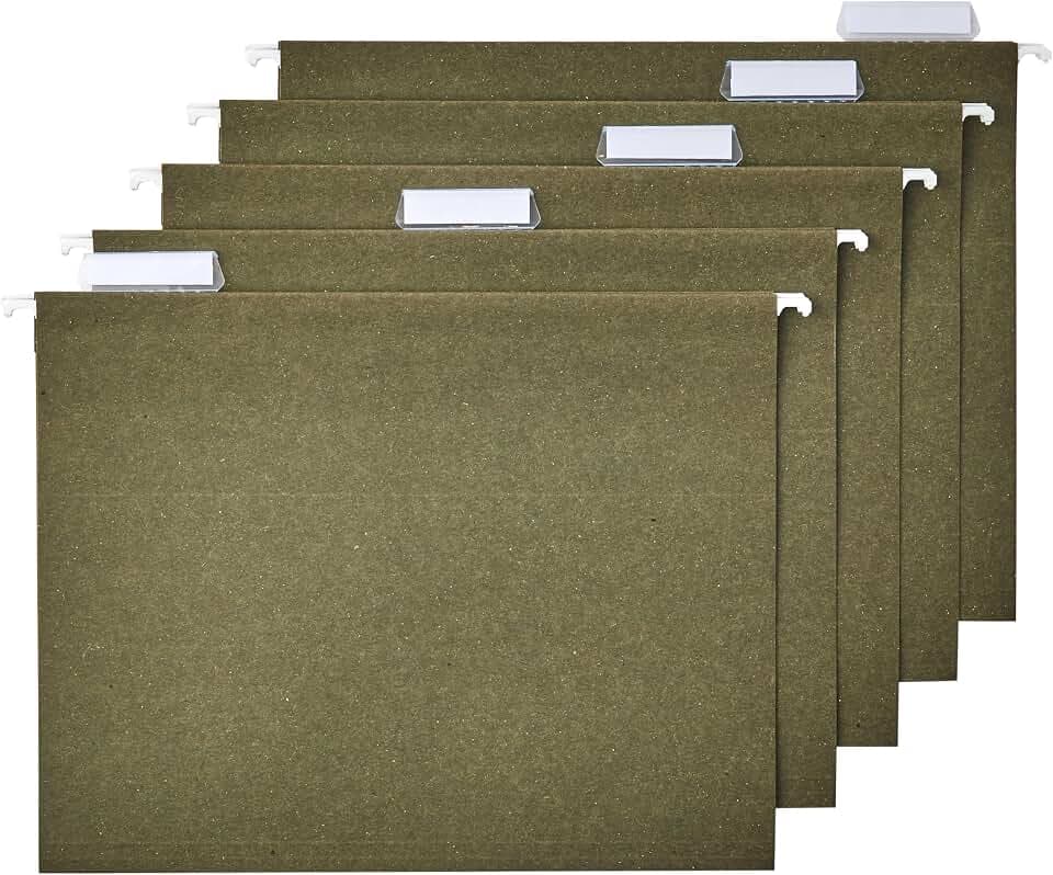 Amazon Basics Hanging File Folders for Documents, Letter Size, 1/5-Cut Adjustable Tabs, Standard Green, 75 Count per Box