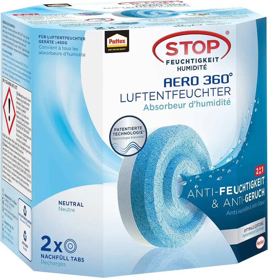 Pattex AERO 360° Neutral Tabs Nachfüllpack, reduzieren Feuchtigkeit und schlechte Gerüche, Nachfülltabs für den Luftentfeuchter AERO 360°, 2er-Pack (2x450g)
