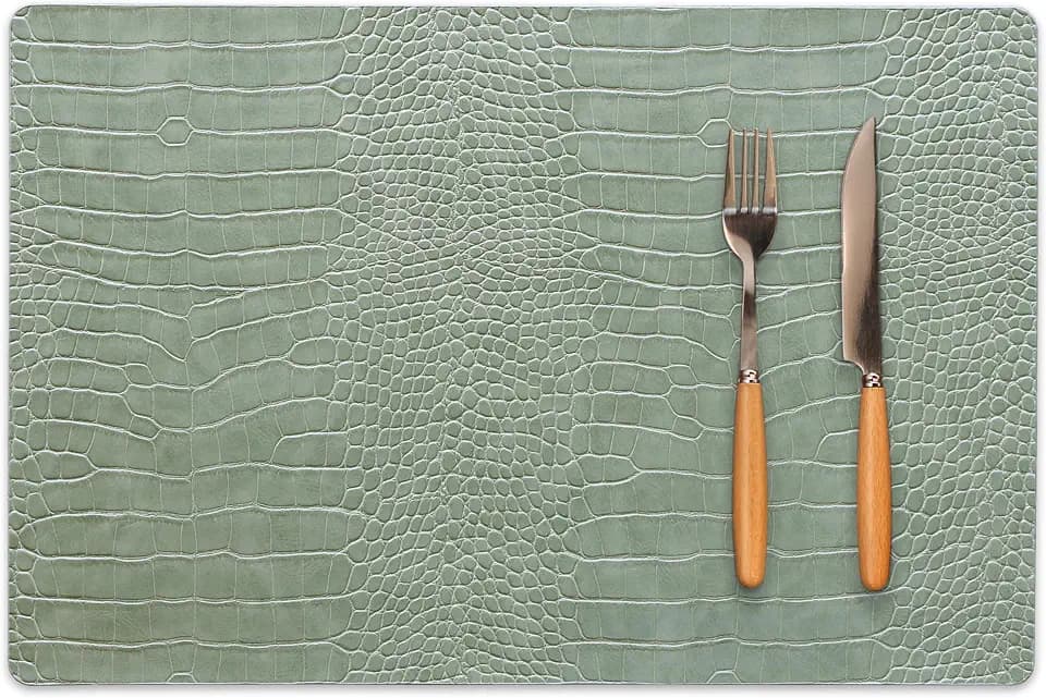 Jovono Faux Leather Placemats Set of 8, Waterproof Heat Resistant Dinner Place Mats for Dining Table, Non-Slip Crocodile Embossed, Green (17.8x11.8 Inch)