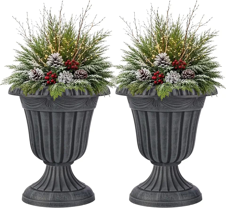 Outdoor Planter 2-Pack - 16x18-Inch Urn Planters for Front Porch Decor, Indoors, Patio or Entryway - Plastic Plant Pots - Large Decorative Flower Pots by Pure Garden (Stone Gray)