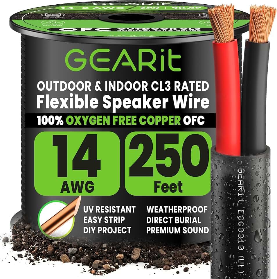 GearIT Outdoor Lautsprecherkabel OFC 2x2.5mm²(76.2 Meter Schwarz)Sauerstofffreies Kupfer Hi-Fi Audiokabel für Direktverlegung im Erdreich/in der Wand/CL3 CL2 bewertet/2-adrig 14AWG, 250 Fuß
