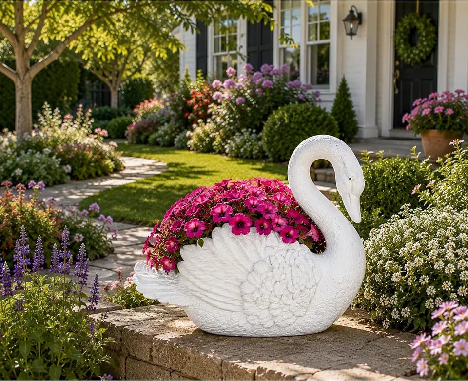 Urban Designs Swan Cast Stone Planter Garden Decor - White