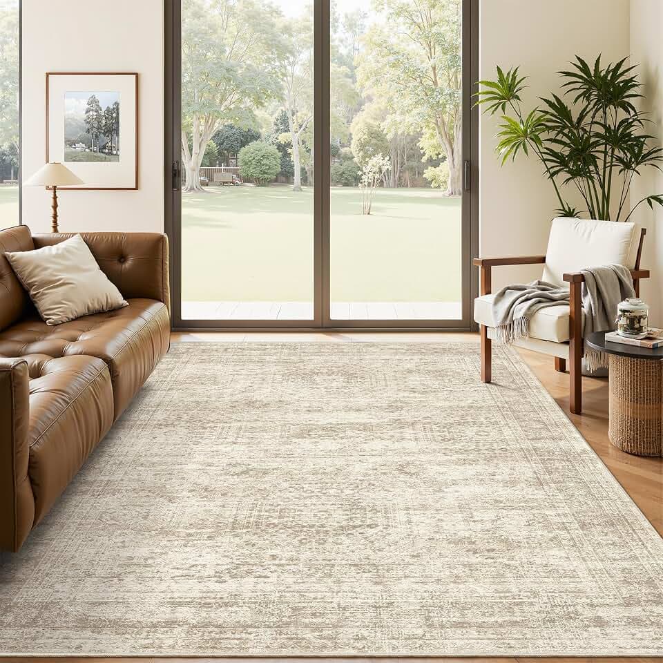 Soalmost 5x7 Area Rugs Beige Low Pile Washable Trendy Faded Style Rug