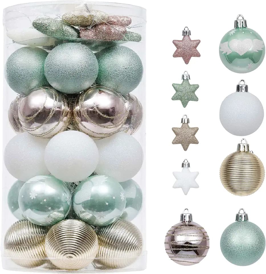 Valery Madelyn Weihnachtskugeln 35 Stücke 5CM Plastik Christbaumkugeln Weihnachtsdeko mit Stern Aufhänger Weihnachtsbaumschmuck Eleganter Palast Thema Mintgrün Rosa Gold