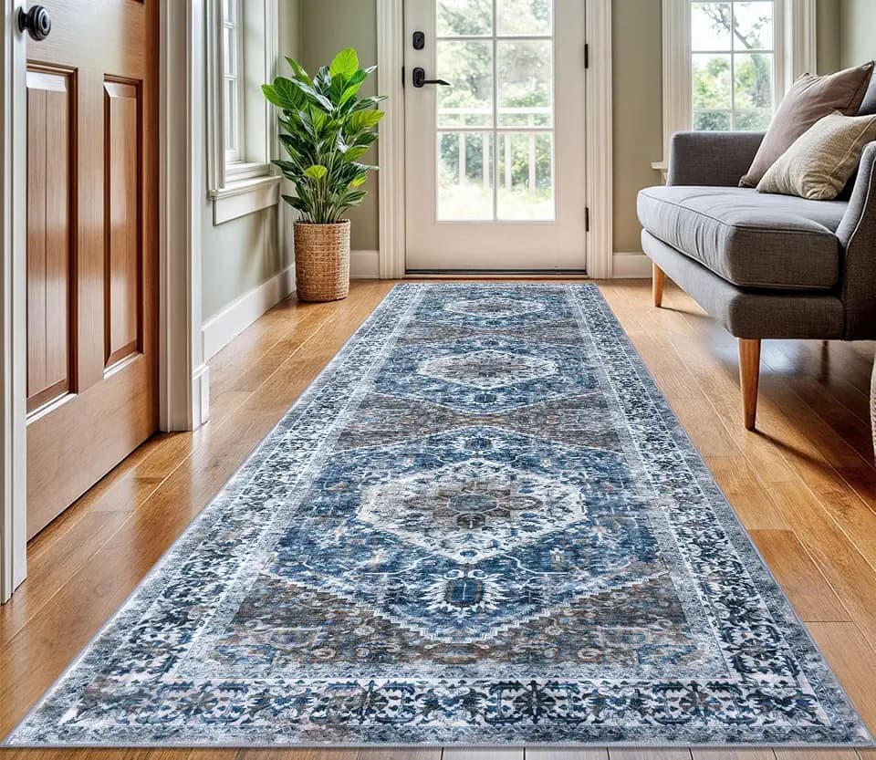 KOZYFLY Long Runners for Hallways 3x10 Ft Washable Kitchen Runner Rug Boho Runner Rug for Entryway Indoor Blue Printed Oriental Faux Wool Stair Floor Carpet Runner for Stair Kitchen Hall