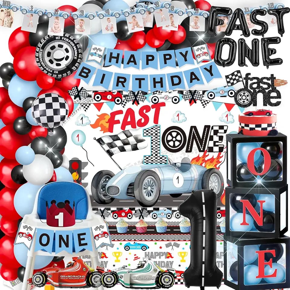 Fast One Race Car Birthday Decorations for Boys - 1st Birthday Set With Photo Banner and Balloon Box