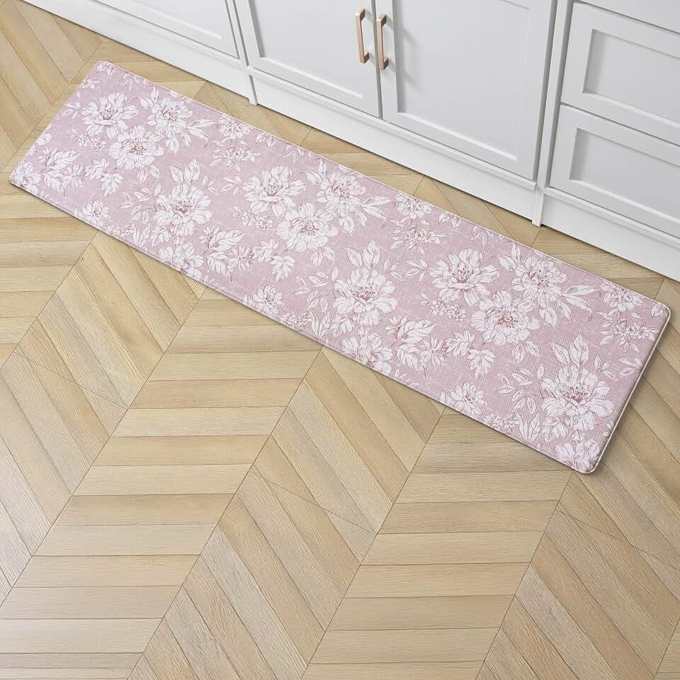 Laura Ashley - Anti-Fatigue Kitchen Mat, Iris Floral Design, Stain, Water & Fade Resistant, Cooking & Standing Relief, Non-Slip Backing, Measures 17.5" x 60", Soft Pink Iris