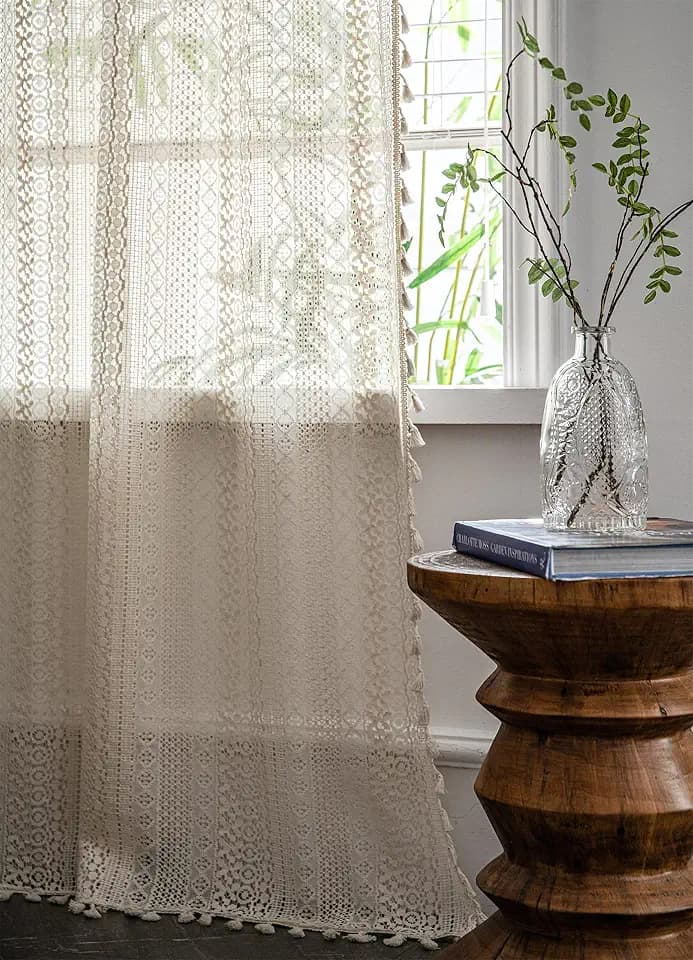 Vintage Vorhänge Landhausstil Häkeln Stricken Handgemacht Beige Gardinen mit Quaste,Boho Polyester Baumwolle Transparent Vorhang für Küche Wohnzimmer Schlafzimmer,1 Stück,B150×H220cm