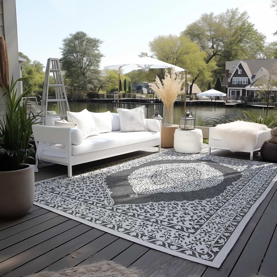 ELLE Decoration In und Outdoor Teppich Orientalisch– Wendeteppich Wetterfest & Wasserfest – Vintage Design Outdoorteppich Orient für Garten, Balkon, Terrasse, Wohnzimmer – Schwarz, 160x230cm