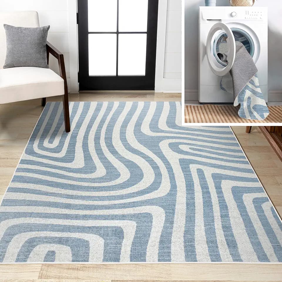 JONATHAN Y Machine Washable Blue/Cream Indoor Area Rug 5X8 ft, Maze Abstract Two-Tone Low-Pile for Living Room, Bedroom, Kitchen, Office, Easy-Cleaning, Pet-Friendly, Non-Shedding WSH309A-5
