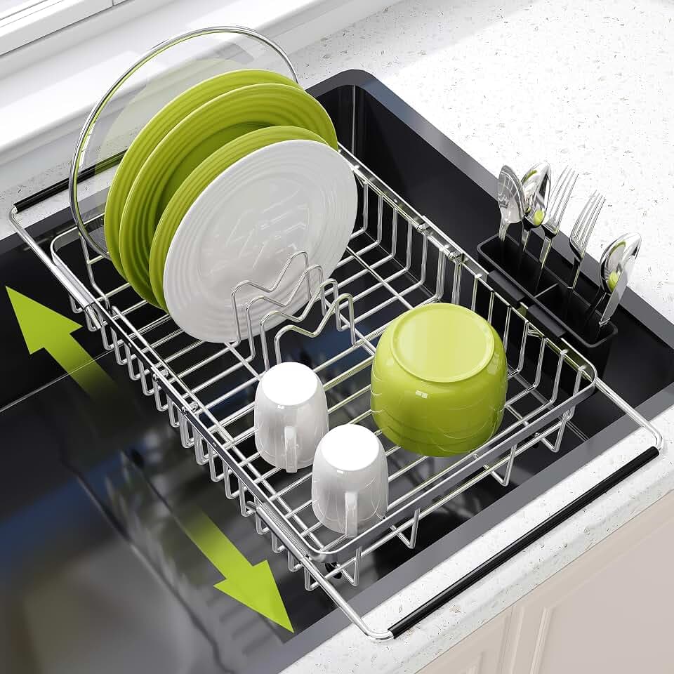 JASIWAY Expandable Dish Drying Rack Over the Sink with Utensil Holder