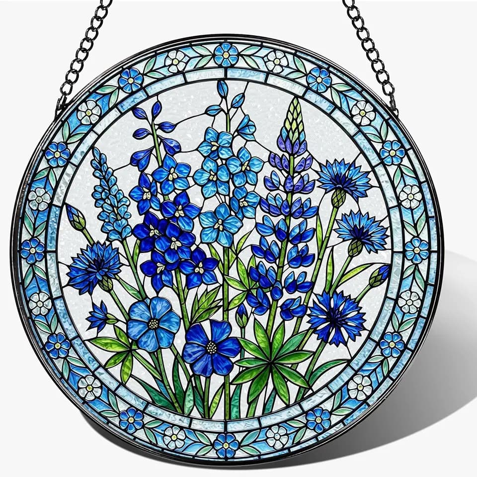 Botanical Stained Glass Window Hanging, 7.8 Inch Blue Wildflower Stained Glass Suncatcher, Sun Catchers Indoor Window Ornament, Suncatcher for Windows, Doors & Home Decor, Birthday Gift for Her