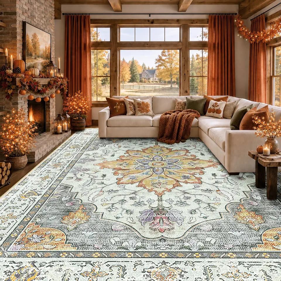 RELEANY Washable Area Rug, Large 9'x12', Beige/Carbon Grey/Orange