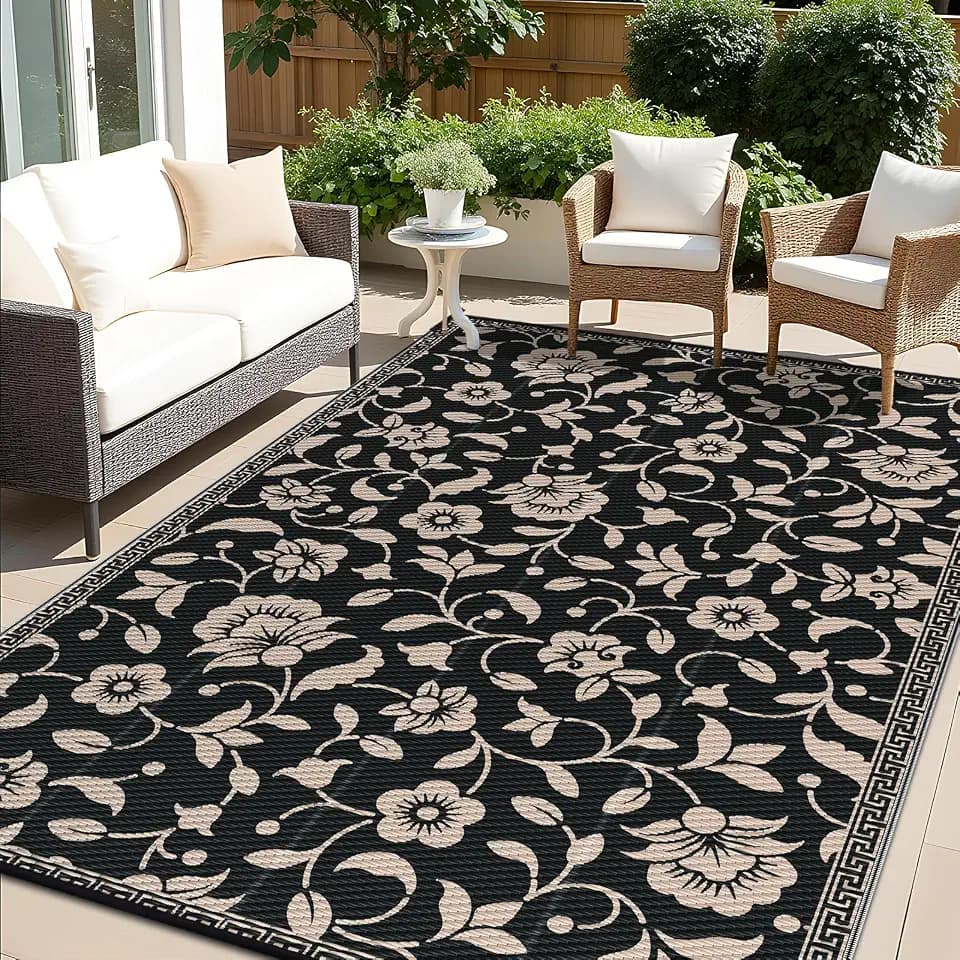 OLANLY Outdoor Rug 6x9 ft Waterproof Reversible Floral Mat, Black & Beige
