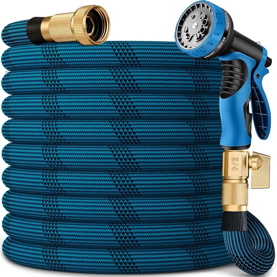 75FT Garden Hose, Lightweight Flexible Water Hose, 5/8" Kink Free Leak Proof Hose, Heavy Duty 96-Layer Woven with 3/4" Brass Fittings, 10 Function Nozzle for Yard Lawn Outdoor Car Wash(BlueBlack)