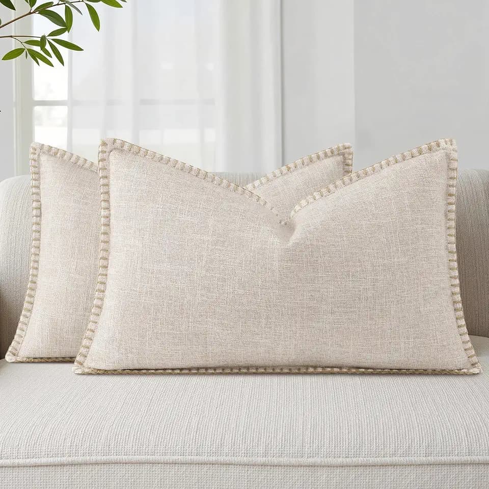 decorUhome Beige Faux Linen Outdoor Throw Pillow Covers 12x20 Set of 2
