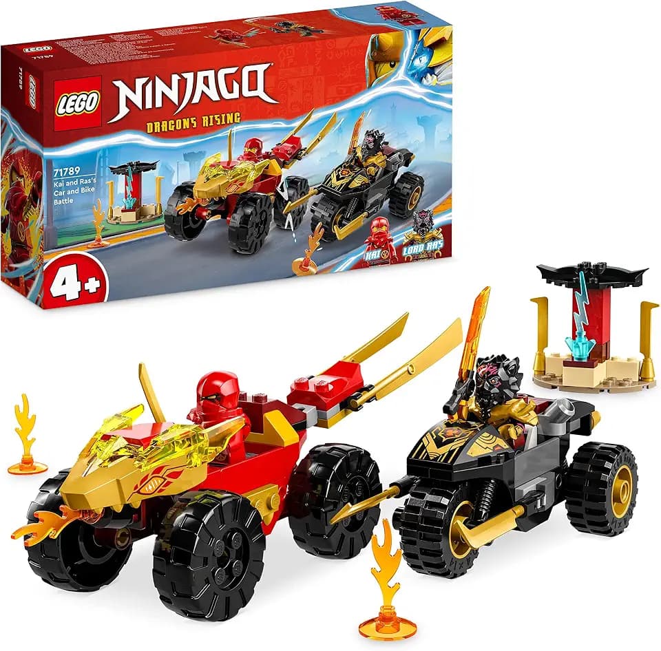 LEGO NINJAGO Verfolgungsjagd Set mit Kais Flitzer und Ras' Motorrad, Spielzeug für Kinder ab 4 Jahren, Ninja-Auto-Spielzeug zum Bauen, Minifigur zum Sammeln 71789