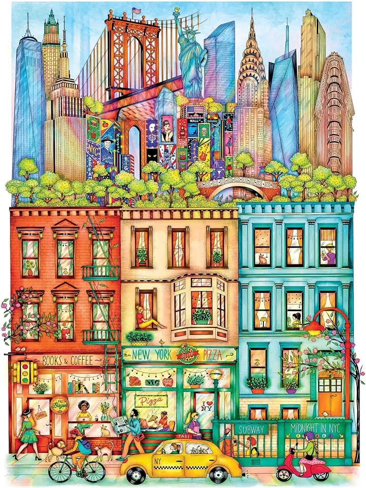 Hard & Challenging 1000 Piece Puzzle for Adults – Cities at Midnight New York by Madalina Tantareanu – Empire State Building, Statue of Liberty & Brooklyn Bridge – Difficult 27x20 Jigsaw by KI Puzzles