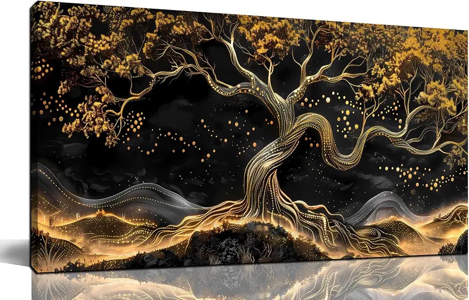 Gold Trees Canvas Wall Art for Living Room - Black Art Wall Decor for Bedroom - Office Artwork Wall Decor Size 20" x 40"
