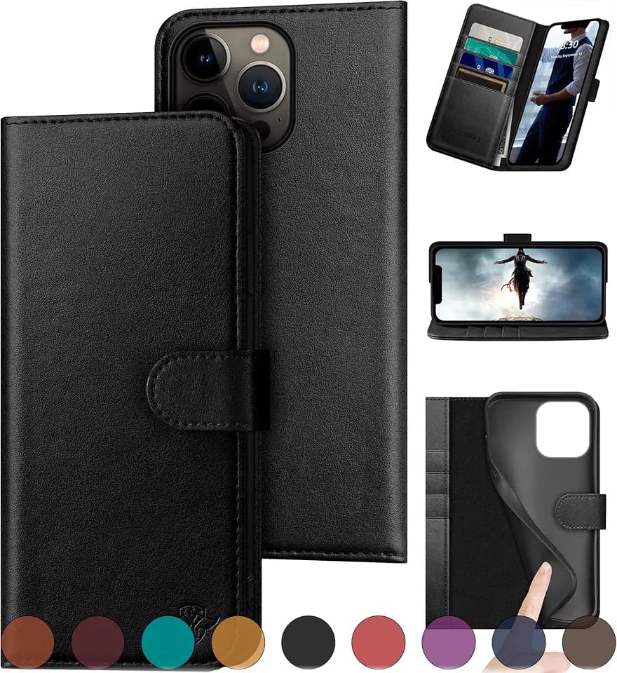 DuckSky for iPhone 15 Pro Max 6.7" Genuine Leather Wallet case 【RFID Blocking】【4 Credit Card Holder】【Real Leather】 Flip Folio Book Phone case Protective Cover Women Men for Apple 15 Pro Max case Black