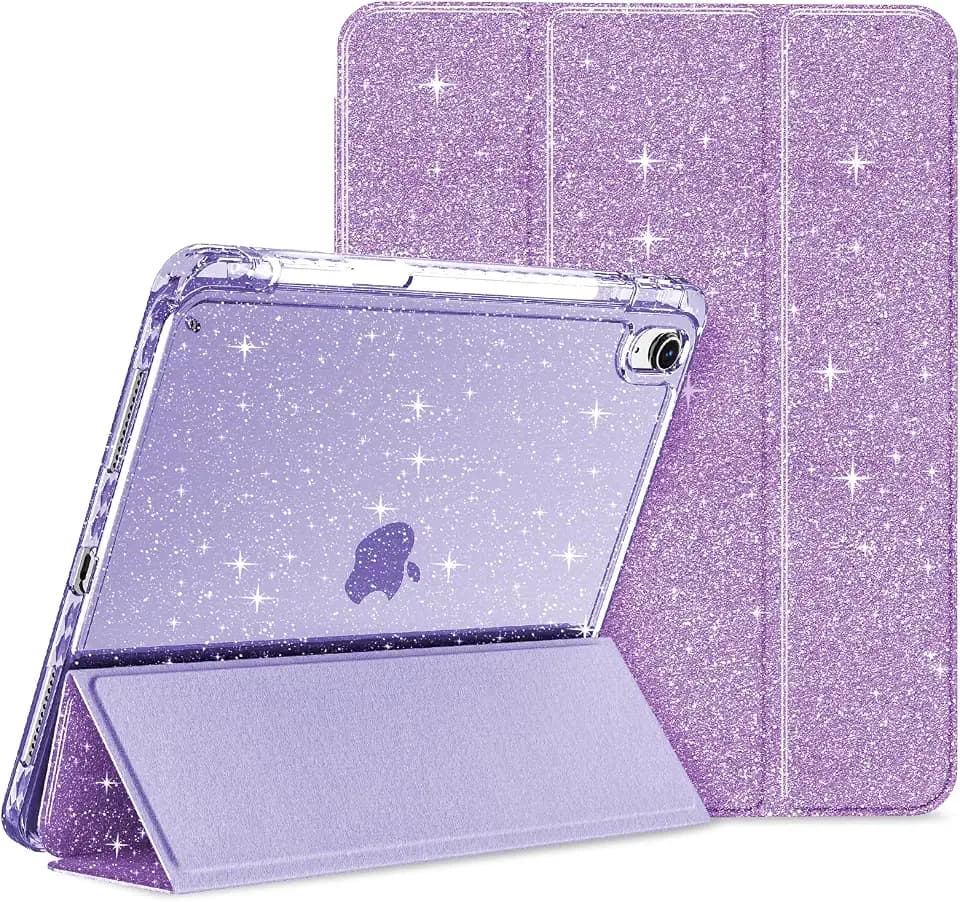 Case for iPad (A16) 11th Generation 11 inch 2025 & iPad 10th Generation 10.9 inch 2022, Glittering Sparkly Slim Stand Cover with Clear Back, Pencil Holder & Shockproof Protection (Purple)
