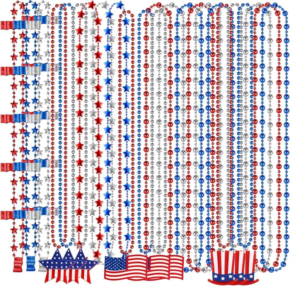 Labrostar 24Pcs 4th of July Accessories Patriotic Beads Necklaces 4th of July Decorations Red White Blue Stars Flags Necklace Memorial Veterans Labor Fourth of July Party Favors Supplies