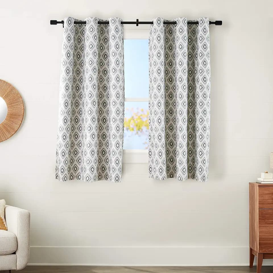 Amazon Basics 100% Silky Soft Fabric Window Curtain Set with Grommets and Thermal Insulated, Noise Reducing Blackout Liner, 42" x 63", Neutral Tribal Diamond