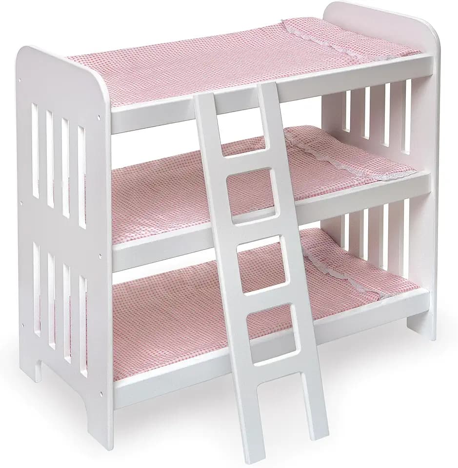 Badger Basket Triple Doll Bunk Bed with Ladder & Bedding - Pink Gingham
