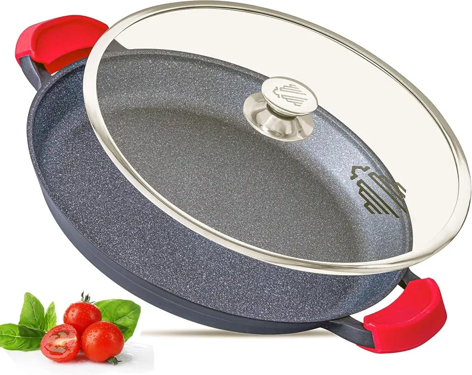 INTIGNIS Bratpfanne 32 cm, Paella Pfanne Induktion mit Glasdeckel, antihaft