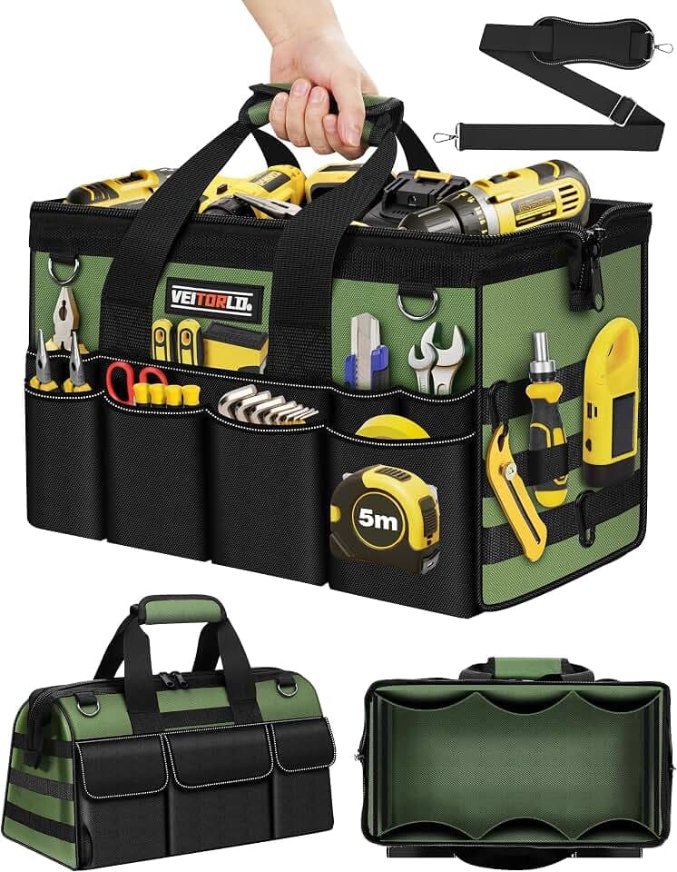 16-Inch Heavy Duty Tool Bag, 19-Pockets Tool Box Organizer, Portable Toolbag W/Soft Handle for Organized Storage, Mechanic Gifts for Men Dad Husband Fathers Day, Wide Mouth Electrician Toolbox, Green